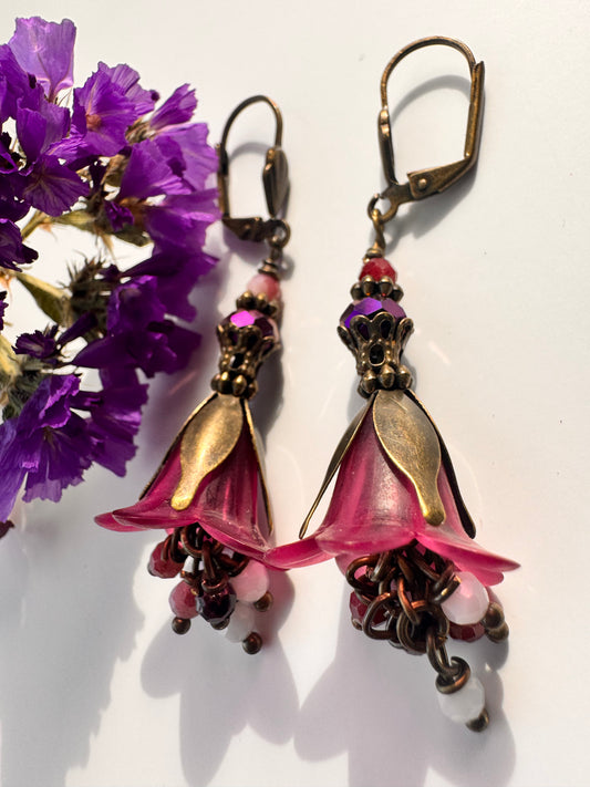 Pink fairies brass earrings