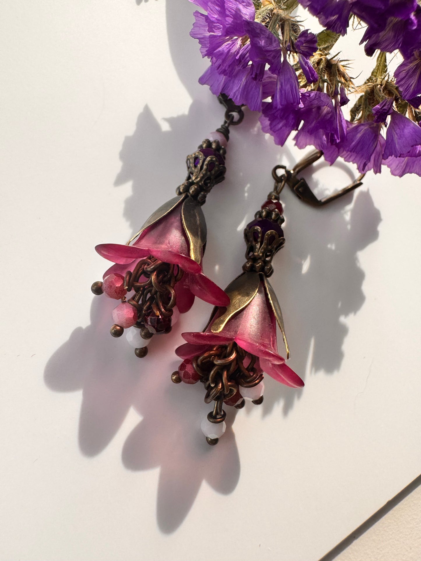 Pink fairies brass earrings