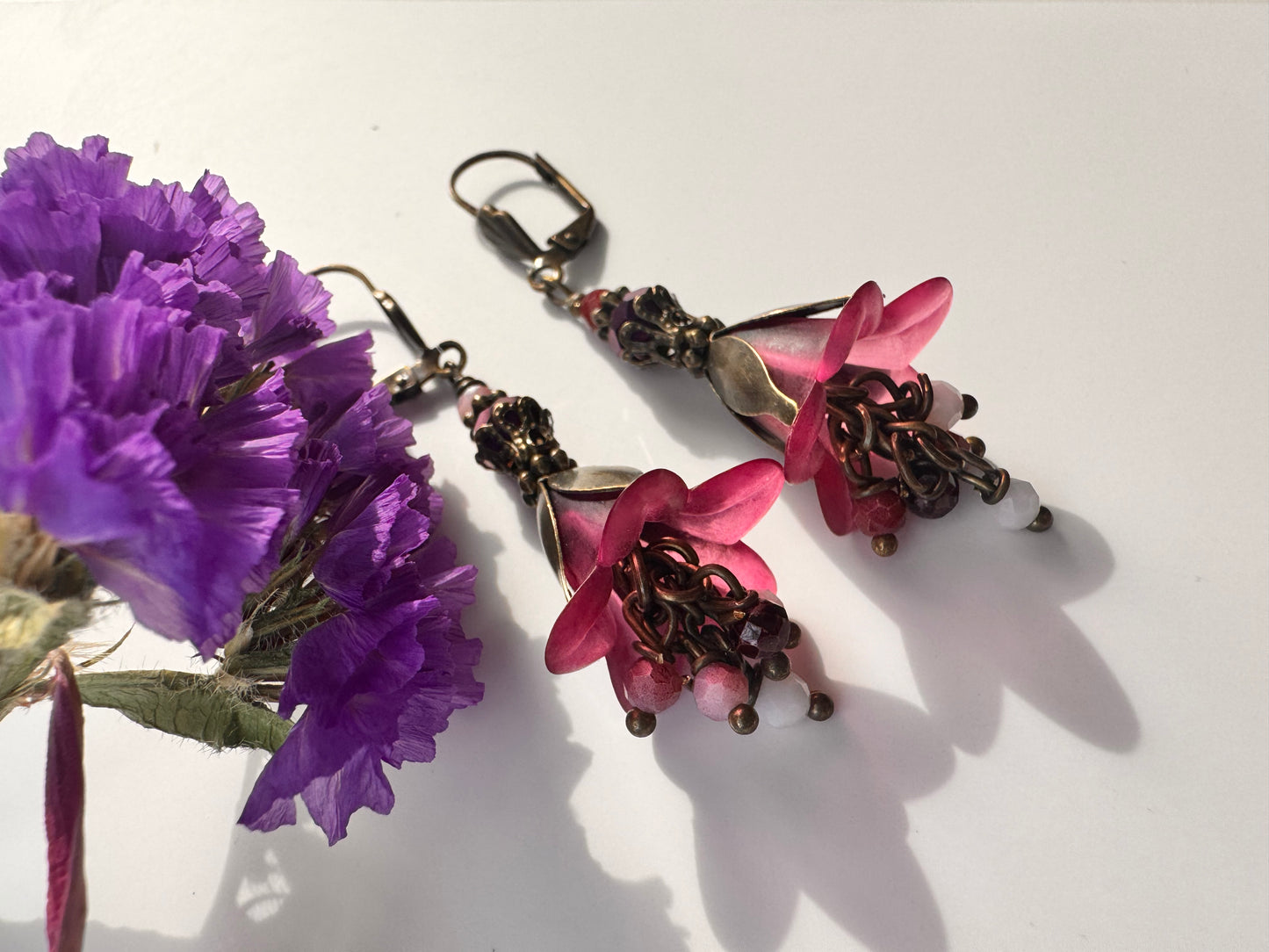Pink fairies brass earrings