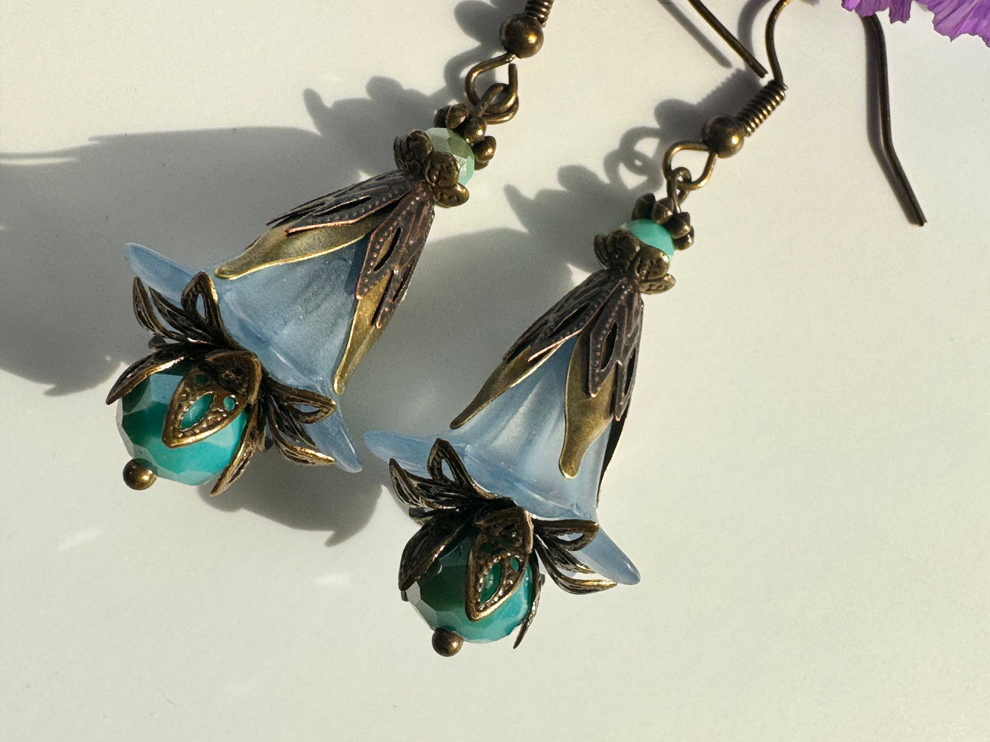 Blue fairies brass earrings